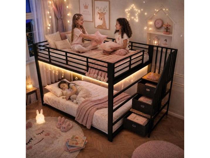 Lit superposé métal noir 140x200cm escalier amovible LED et prise rangement sans matelas pour adulte