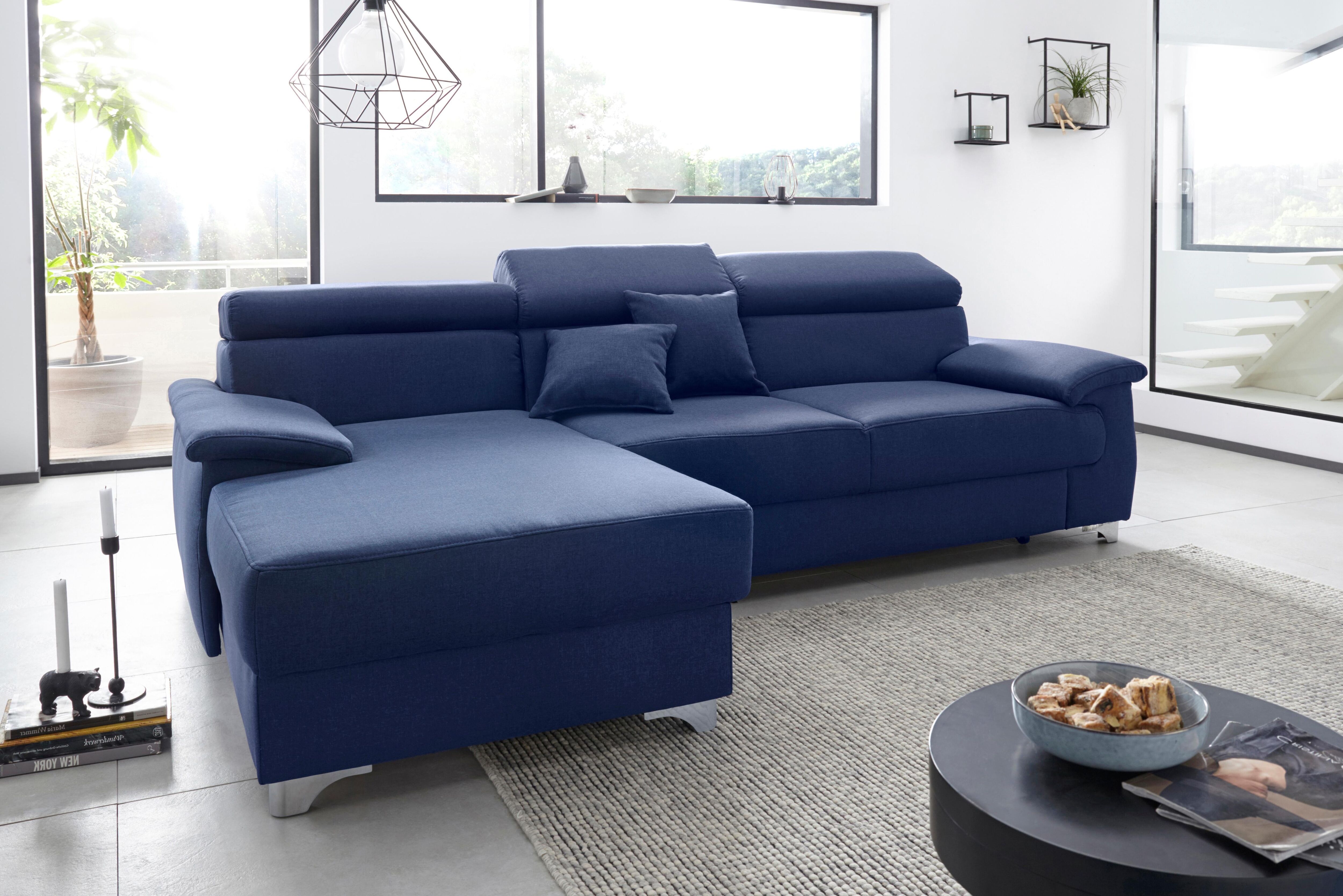 Ecksofa DOMO COLLECTION "Mira, inklusive Kopfteilverstellung für mehr Wohlfühlkomfort, L-Form", blau (dunkelblau), B:271cm H:78cm T:167cm, Zierkissen: Entsprechend jeweiligem Bezug.;Struktur (100% Polyester);Struktur fein (100% Polyester);Luxus-Microfaser