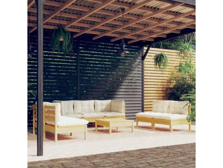 Bois de pin massif coussins confortables modulable 8 pieces creme Salon de jardin 8 pieces avec coussins creme Bois de pin massif ensemble modulable exterieur table repose-pieds charge 110kg