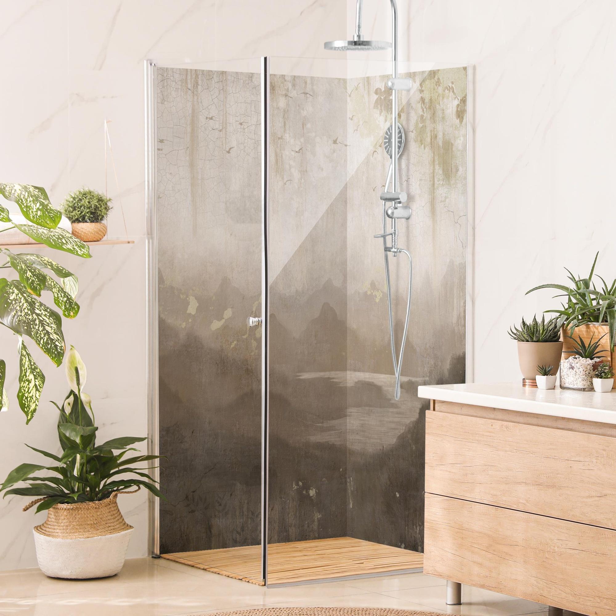 Duschrückwand Wald selbstklebend - 0.61 mm Wandpaneel wasserfest Indien beige Tropisch Badrückwand fugenlos Premium matt 100x200 cm