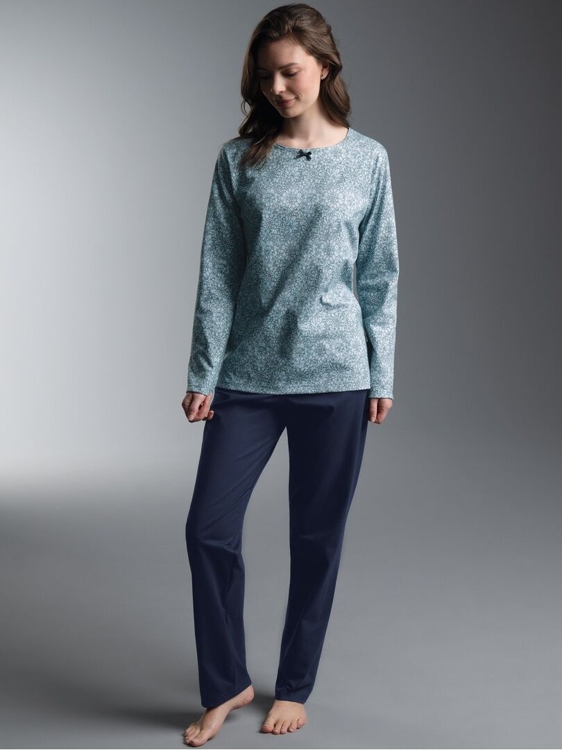 Schlafanzug TRIGEMA "TRIGEMA Pyjama mit Ornamentmuster", Damen, Gr. XXL, blau (gletscher), Single Jersey, 100% Baumwolle, Homewear-Sets Schlafanzug