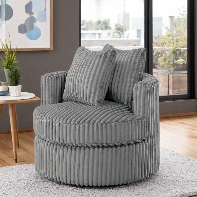 "33"" Corduroy Swivel Accent Chair with Fur-Like Texture and Rounded Base and Removable Seat Cushion"