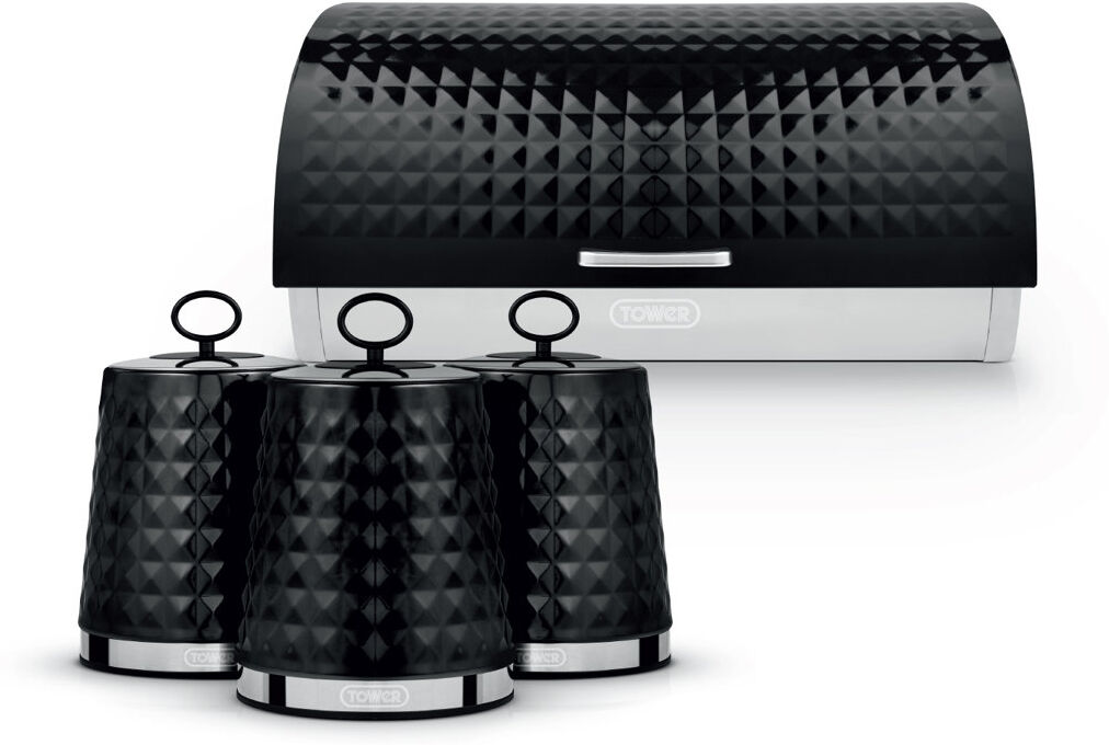 Tower Solitaire Bread Bin and Set of 3 Storage Canisters for Coffee/Sugar/Tea 1.5L Black