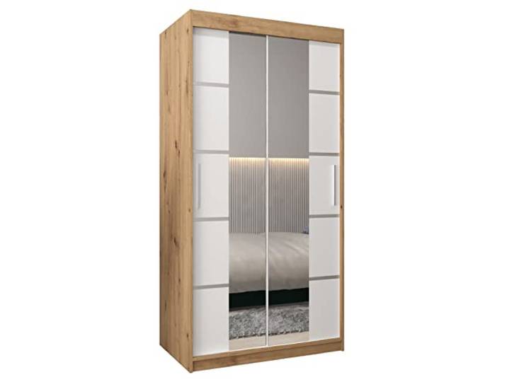 MEBLE KRYSPOL Verona 4 100 Schlafzimmerschrank mit Zwei Schiebetüren, Kleiderschrank mit Spiegel, Schiebetürenschrank Kleiderstange und Regalen – 100x200x62cm - Artisan + Mattweiß
