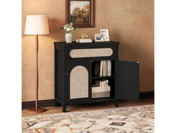 FairyLee Rattan Sideboard mit Schublade & 2 Türen – Verstellbare Regale, Freistehendes Buffet für Wohnzimmer, Esszimmer, Flur – Schwarz