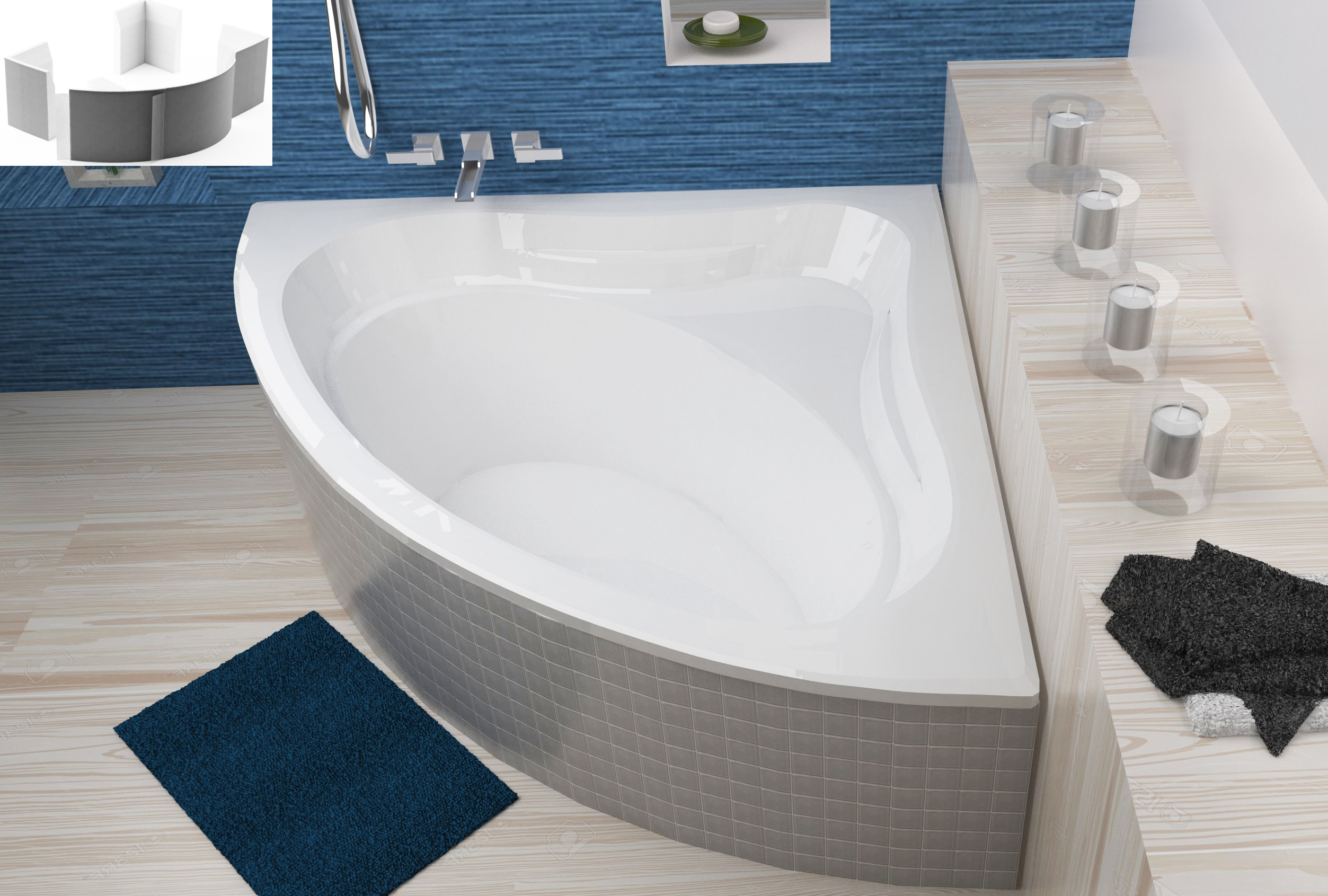 ECOLAM symmetrische Badewanne Eckwanne Mia 120x120 Acryl Wannenträger zum Verfliesen Styropor Ablaufgarnitur Füße Silikon GRATIS