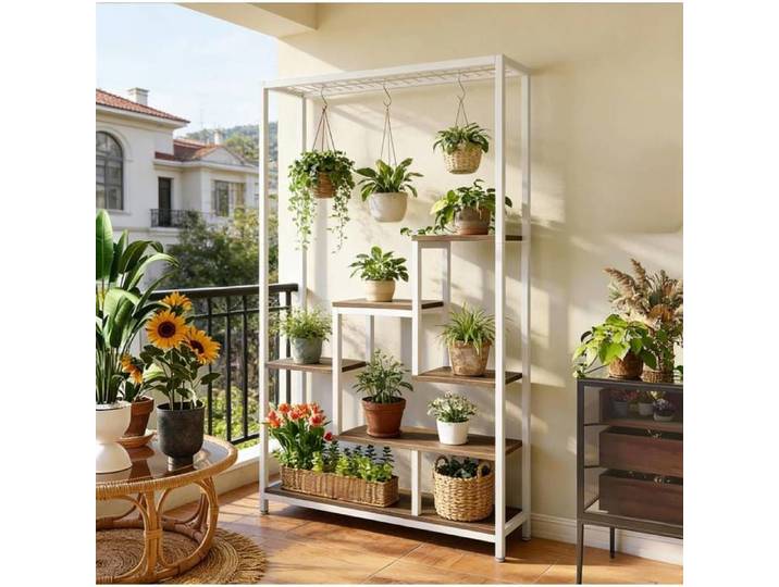 Etagere a plantes - Support a fleurs - Metal et panneaux de particules - 7 niveaux - Beige et blanc