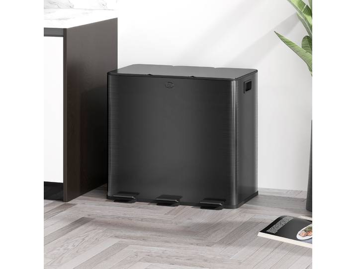 HOMCOM Poubelle avec 3 x 15L de compartiments, couvercles de désodorisant, anti-empreintes digitales, fermeture douce, amovible, Noir