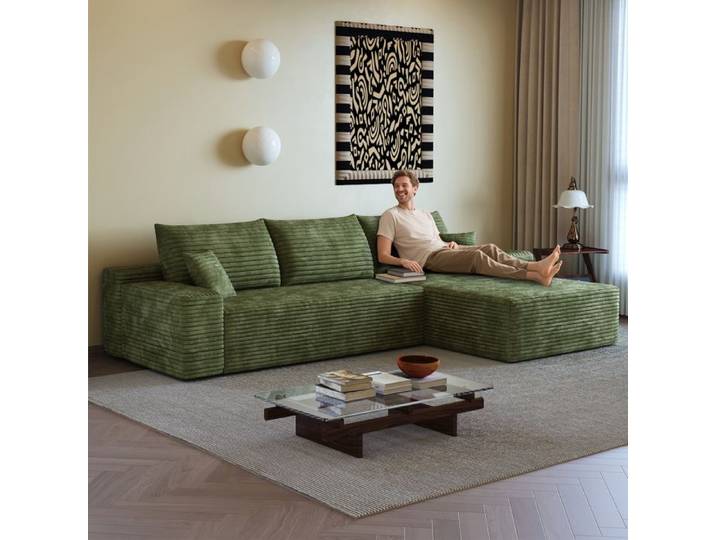 Canapé d'angle modulaire - Modulaire - Tissu côtelé vert - 270×175×83 cm - Assise profonde