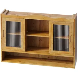 OKWISH Hängeschrank Wandschrank Massivholz+Glas Natur 90x20x60 cm mit 2 Schiebetüren und 3 Ebenen, platzsparend und flexibel montierbar