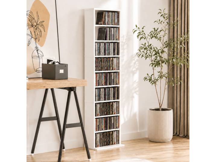 HOMCOM Étagère CD 9 Niveaux 6 Tablettes Réglables Blanc