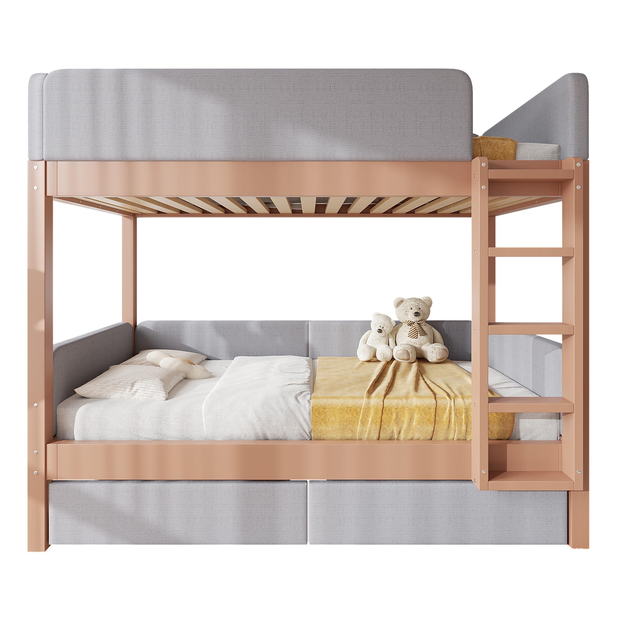 Etagenbett mit gepolstertem Rausfallschutz und Schubladen, 90x200cm, Kinderbett mit Trittleiter und Lattenrost, Massivholz