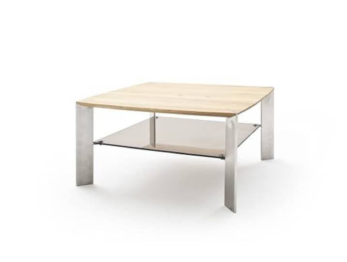 möbelando Couchtisch >Nelia< 80x80 cm quadratisch mit massiver Eichenplatte, Glasablage in Bronze und Edelstahl-Optik-Gestell – modernes Design, edle Materialien & hohe Stabilität
