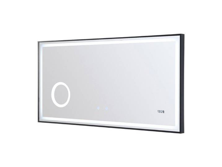 Miroir de salle de bain rectangulaire lumineux avec horloge digitale - Noir - 120 x 60 cm - AITANA