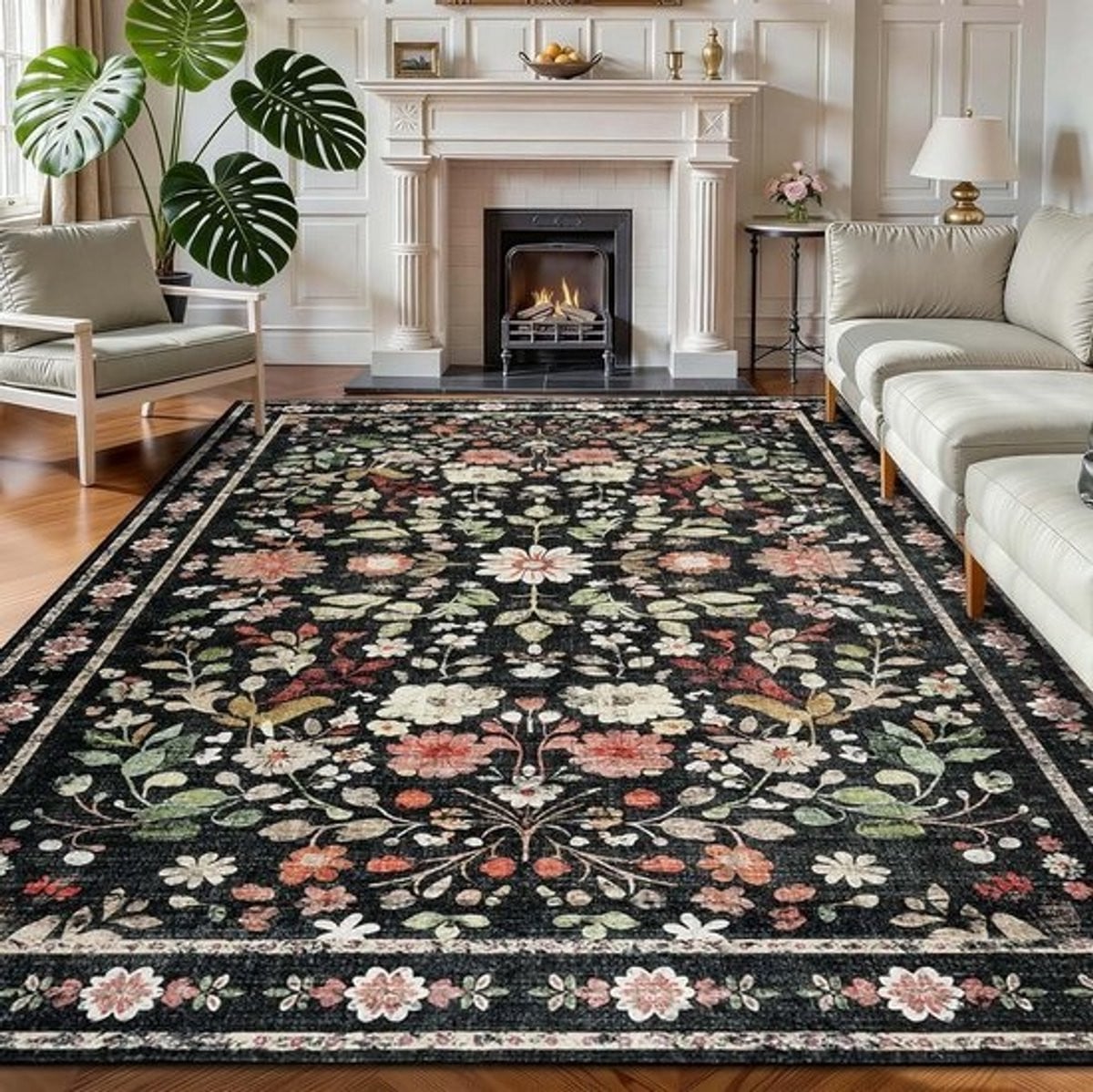 Vintage Bloemen Vloerkleed - Zwart - 160 x 230 cm