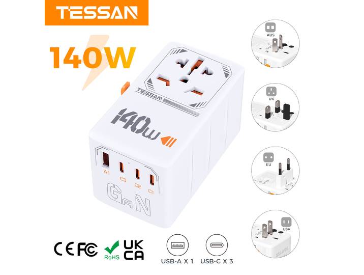 TESSAN – adaptateur de voyage universel GaN 140W/100W/65W, avec USB et Type C, charge rapide, prise ue/UK/USA/AUS pour voyage