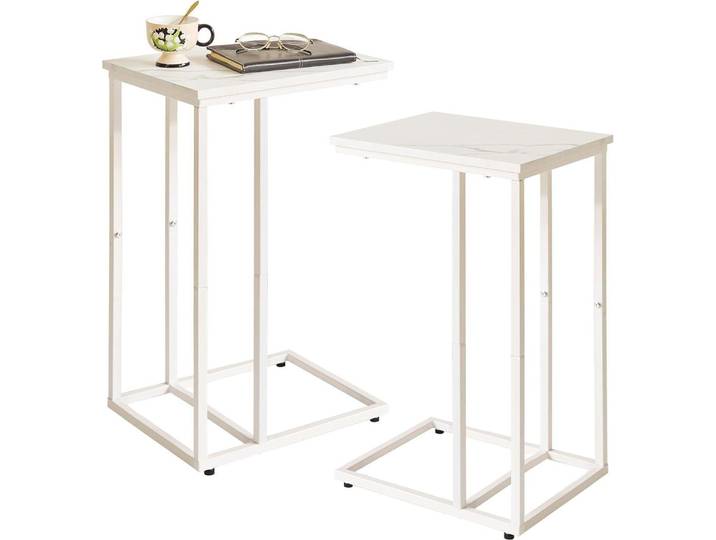 Aibiju Kleiner Sofa Beistelltisch Marmorfarbe Holzbretter Weißer Metallrahmen