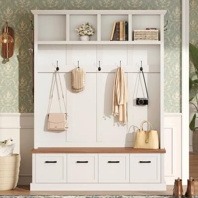 Farmhouse All-in-One Hall Tree with Storage Bench,Modern Entryway Organizer with Open Storage and Enclosed Shoe Cabinets