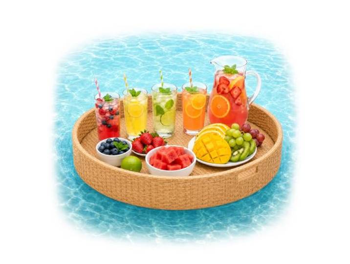 Relaxdays Schwimmendes Tablett, Natur 2 in 1 Pooltablett für Getränke & Snacks, HD: ca. 20x80 cm, Rattan, unsinkbar