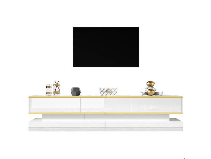 Meuble TV 200 cm – Blanc chaud brillant – 3 tiroirs – Bordure dorée