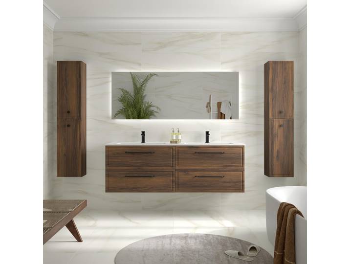 Meuble De Salle De Bain Runa Noyer 160cm 4 Tiroirs Vasque Vilna 2 Vasques Solid Surface