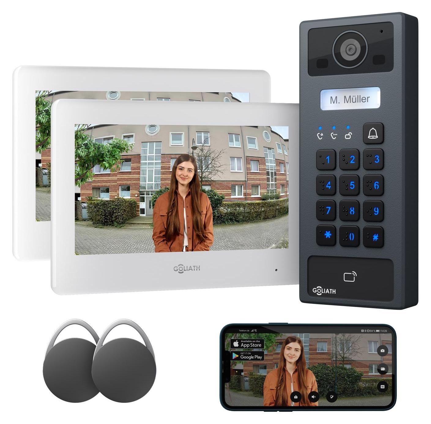 GOLIATH Basic 2-Draht Bus Video-Türsprechanlage, 2x 7"Monitor, RFID & Keypad