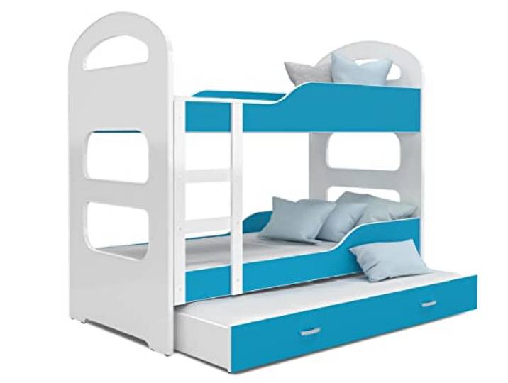 FurnitureByJDM Kinderbett 190 x 80 cm, Etagenbett, 2 Matratzen, Bettkasten Bett für Kinder, Hellblau, MDF-Struktur, Birkenholzlatten, Leiter seitlich montierbar, abgerundete R2-Kanten, 4 Pakete
