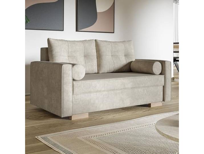 MOTIVENA Viena 2 Sitzer Sofa mit Schlaffunktion, Schlafsofa 160 cm Breit, Sofa 2 Sitzer, 2er Sofa, Sofa Klein, Keine Couch, Schlafsofa 2 Sitzer, Bonellfederkern (H4), Samt Sofa Beige (Creme)