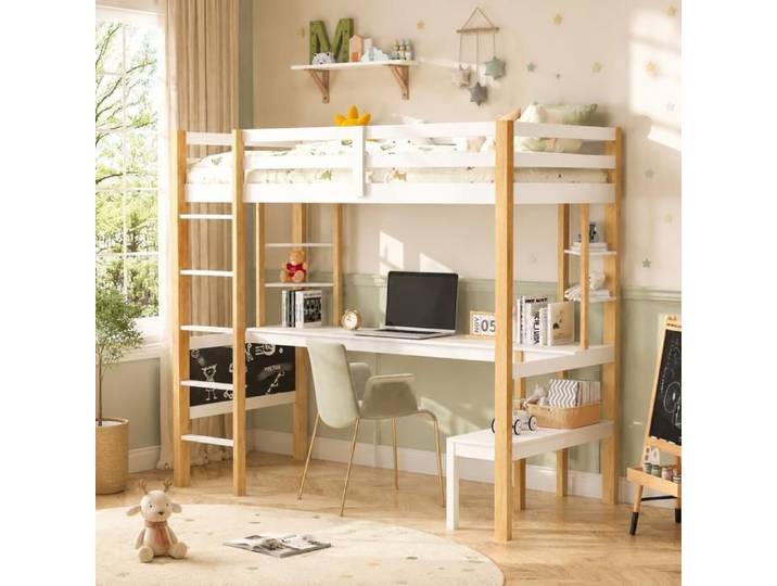 Lit Superposé Enfant 90x200 cm avec Bureau Lit Mezzanine Multifonctionnel avec planche à dessin et Barrière de Sécurité Blanc