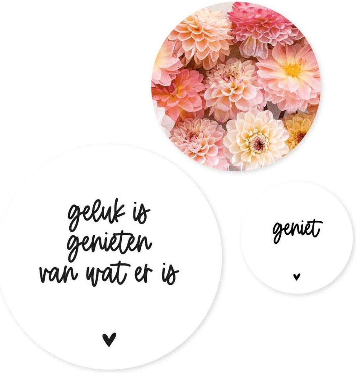 Zoedt Set van 3 Muurcirkels Binnen - Geluk is genieten van wat er is - Typografie