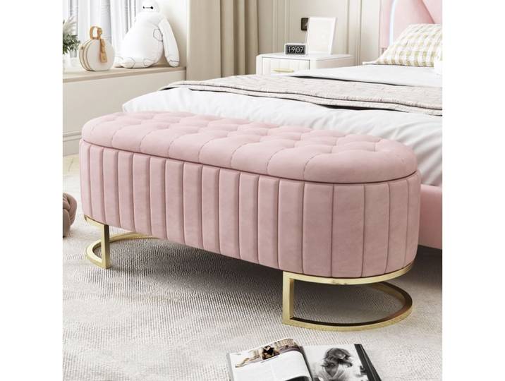 ULEVR Banquette coffre en velours rose 120 x 40 cm banc rembourré avec rangement pieds métal