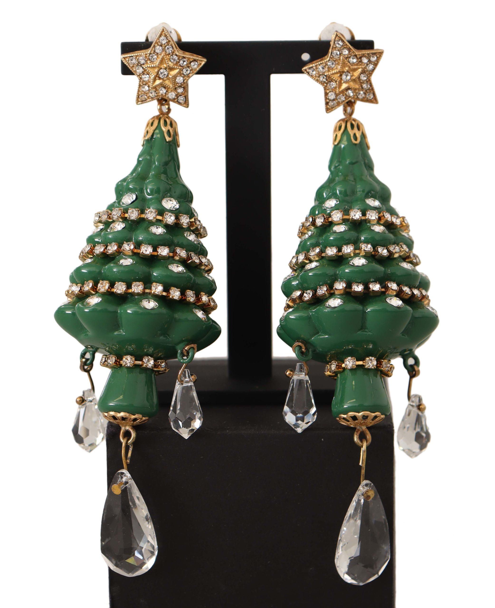 Dolce & Gabbana Damen Goldene Weihnachtsbaum Kristall Messing Clips Ohrringe