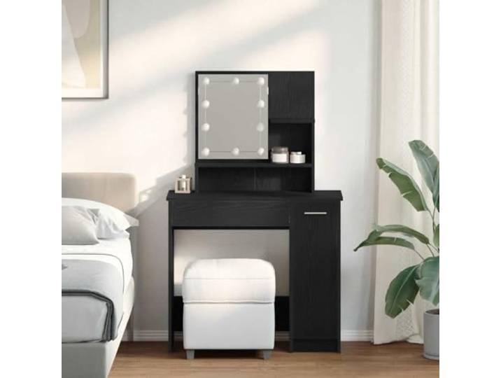 Xolmizyn Schminktisch mit Spiegel, Kosmetiktisch & Schublade, Schwarz Inklusive Regalfächer, Modernes Design, Platzsparend, Robustes Holzwerkstoff