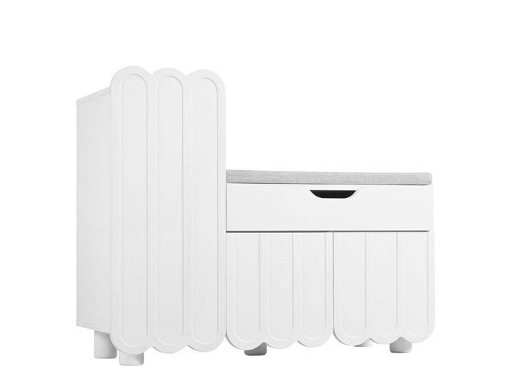 Modfu Schuhschrank aus MDF 90x35x74,5cm in Weiß mit Schublade & Sitzpolster, 90x74.5x35 cm, Garderobe, Schuhaufbewahrung, Schuhschränke