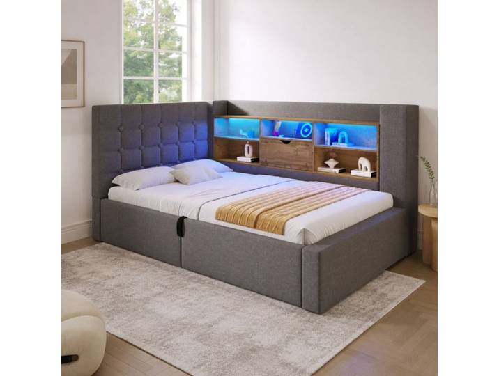 Lit Polsterbett 90x200 cm avec Éclairage LED Rangement Hydraulique Tête de Lit L-forme Gris
