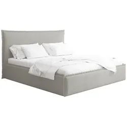 POLSTERBETT Pillow mit Bettkasten, Metall-Lattenrost und hohem Kopfteil - Hellgrau Bouclé 200x200 cm