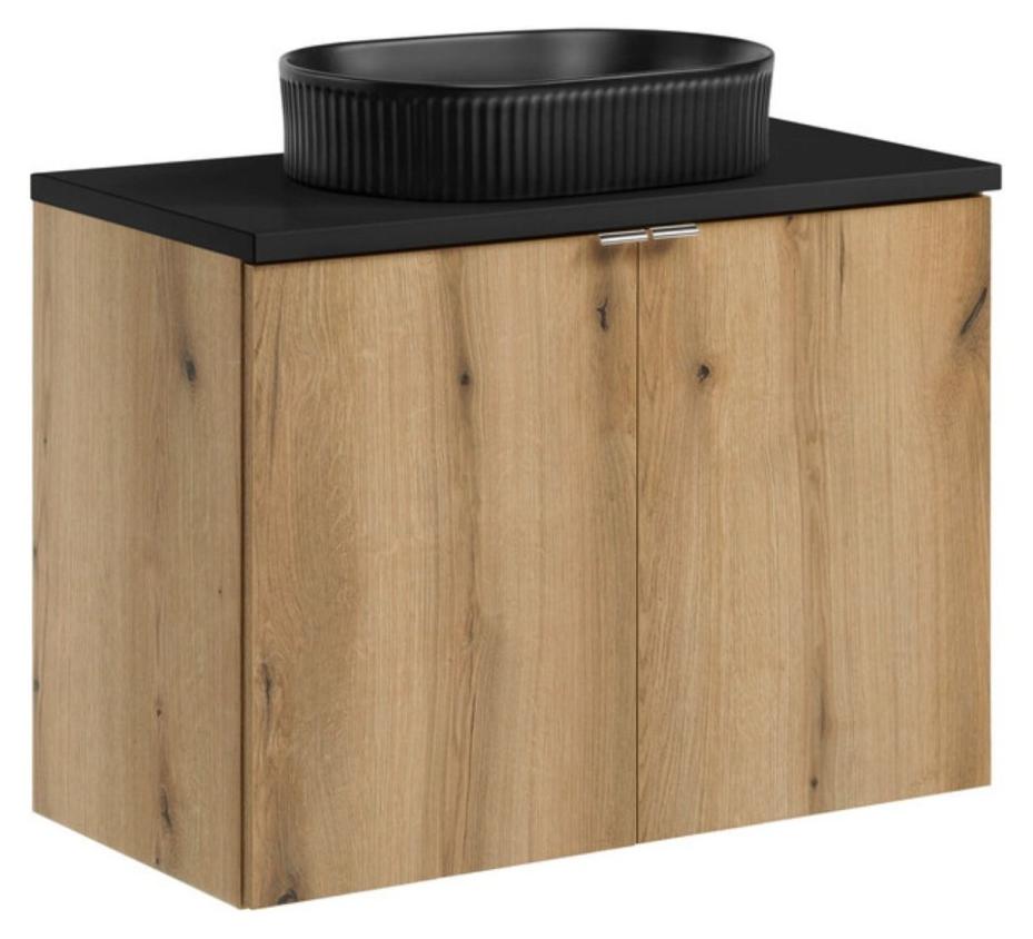 Set VANO Eichenoptik und Schwarz 80cm: Unterschrank mit Schränken + Platte für Waschbecken + Aufsatzwaschbecken gerillt schwarz