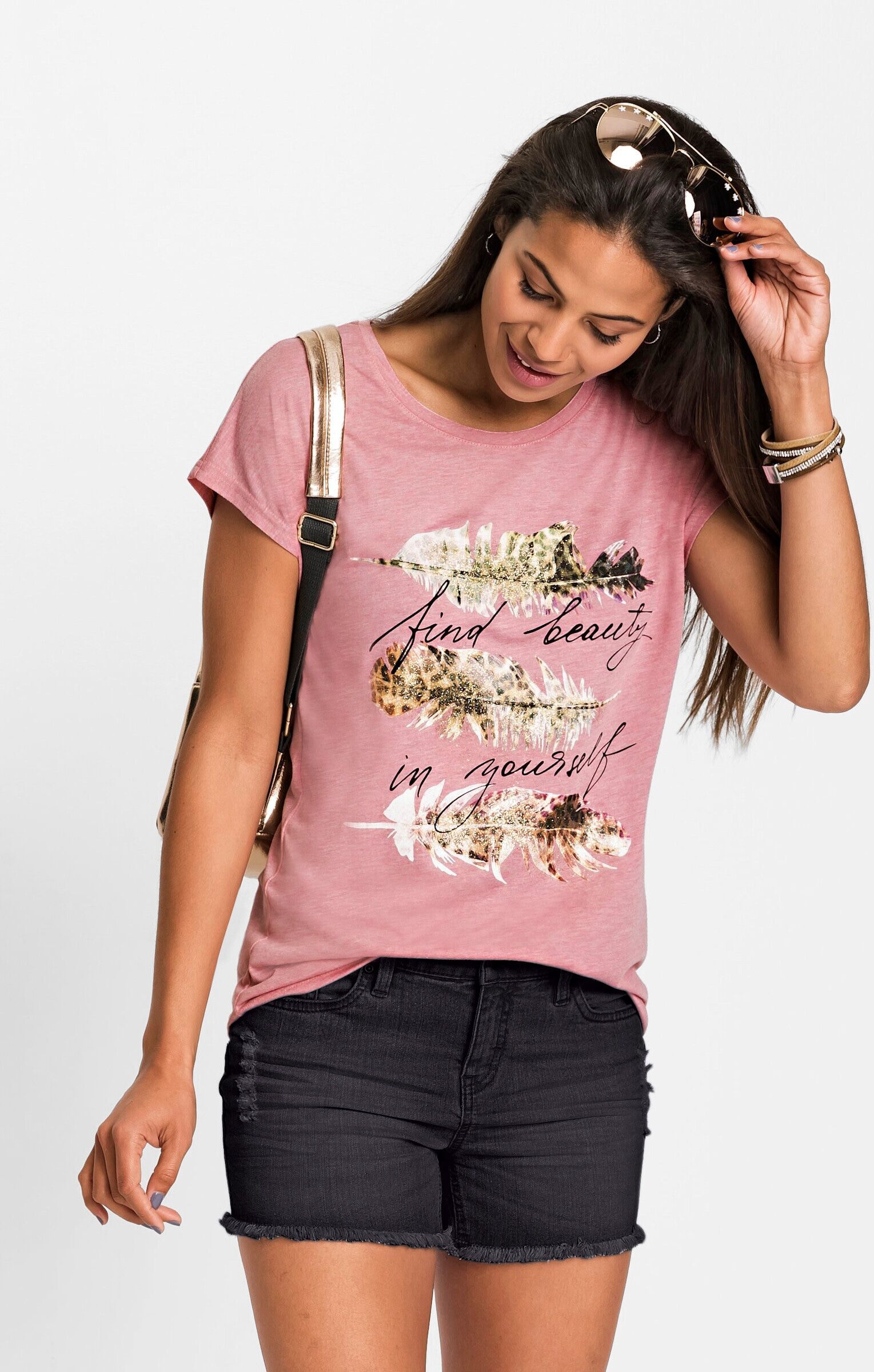 T-Shirt WITT "Shirt Kurzarmshirt mit goldfarbenem Federndruck", Damen, Gr. 42, rosenquarz, schwarz, bedruckt, Modisch, Rundhals, Shirts T-Shirt