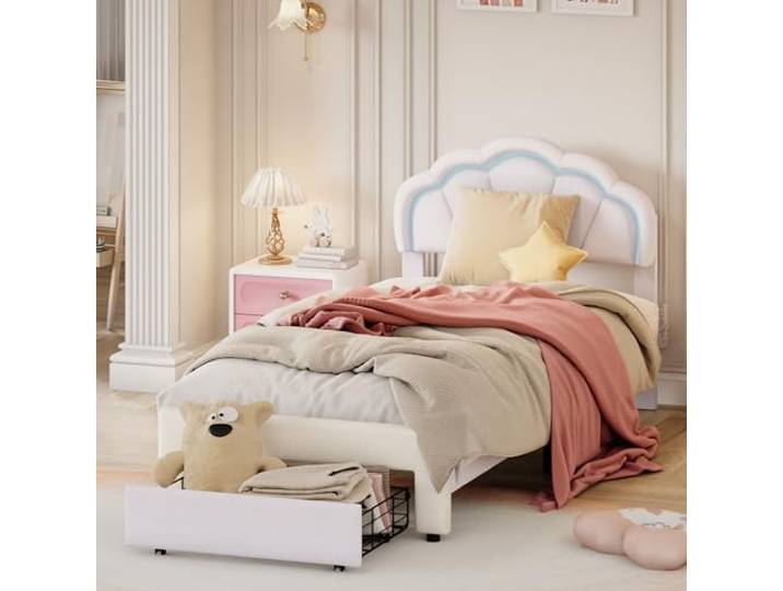 Polsterbett Kinderbett 90x200 mit LED-Streifen & Schubladen,Samt-Beige Einzelbett 90x200 mit Höhenverstellbares-Kopfteil in Blumenform,Prinzessin Bett Bettgestell mit Lattenrost,ohne Matratze