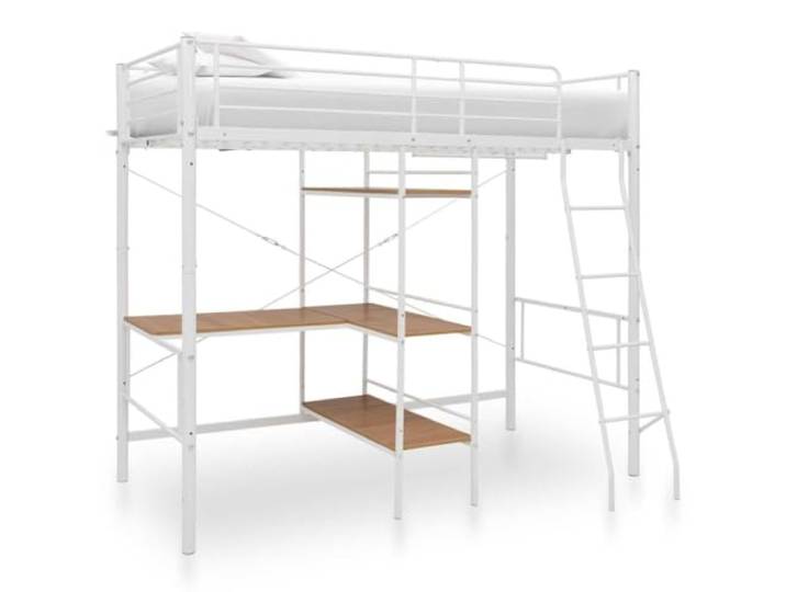 KGHFDVB Bett 210 x 97,5 x 186 cm aus Metall Weiß-Braun Pulverbeschichteter Metallrahmen, durchgehendes Schutzgeländer, stabile Aufstiegsleiter, Lattenrost inklusive, für kleine