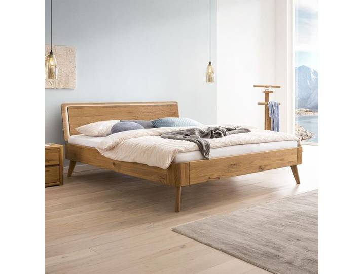 Bett Dosima Wildeiche Massivholz 140x210cm skandinavisch, Mit Beleuchtung