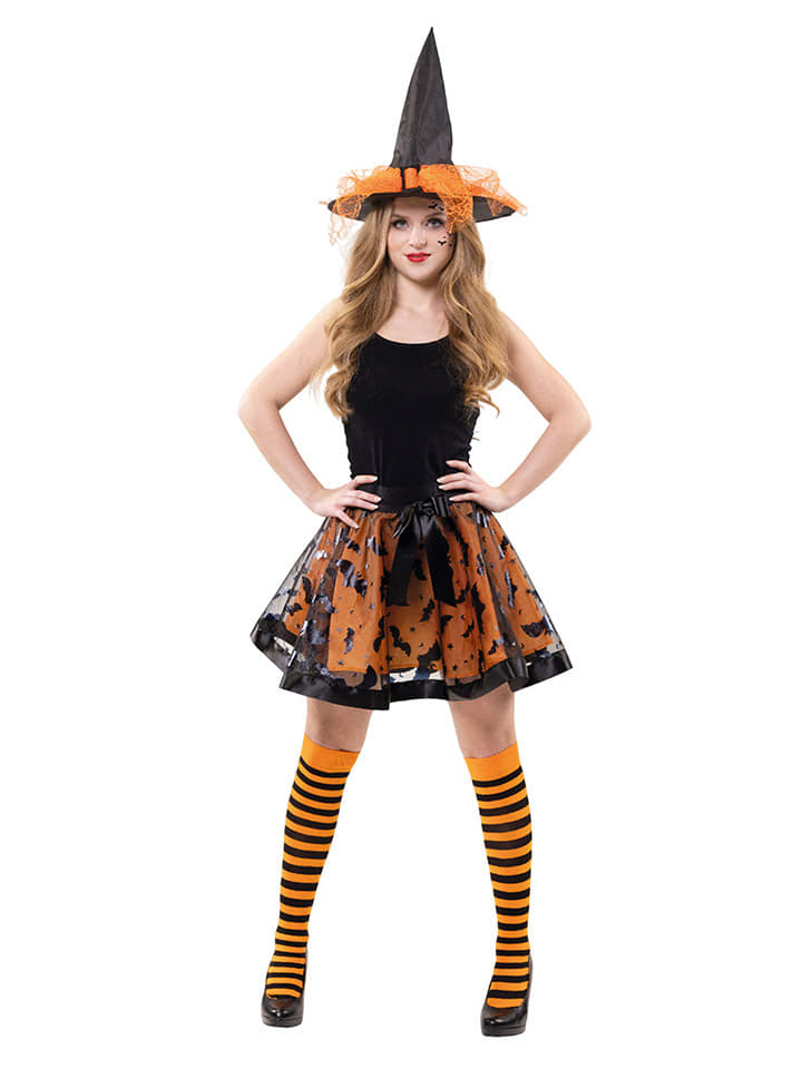 Party x People 3tlg. Kostüm ''Hexe Agatha'' in Orange/ Schwarz - onesize