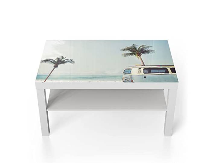 DEQORI Glastisch weiß groß 90x50 cm Motiv Surfer-Bus am Strand ausgefallener Beistelltisch aus Glas Hochglanz Couchtisch fürs Wohnzimmer moderner Couch Tisch mit Design