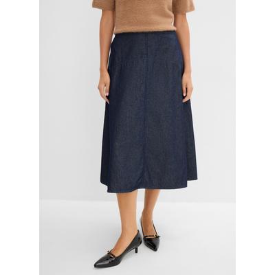 Jeansrock BONPRIX, Damen, Gr. 52, blau (tiefblau denim ungewaschen (länge: regulär)), Obermaterial: 100% Baumwolle, Röcke Jeansrock, aus Baumwolle, mit eleganter Passform