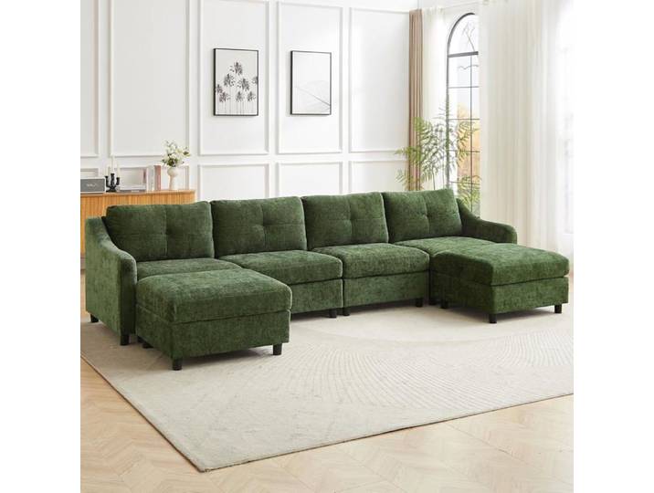 JIEXI Canapé d'angle convertible Canapé en velours côtelé canapé-lit 251 cm (Vert foncé 4 sièges + 2 tabouret)