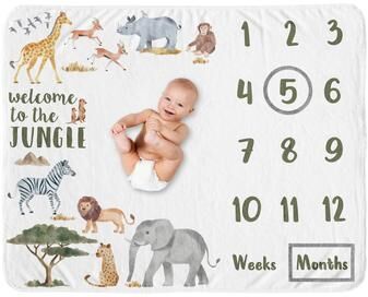 Sweet Jojo Designs Jungle Animals Baby Monthly Milestone Blanket Hunter Green Black and White Safari Elephant Giraffe Lion Monkey Leopard Cheetah