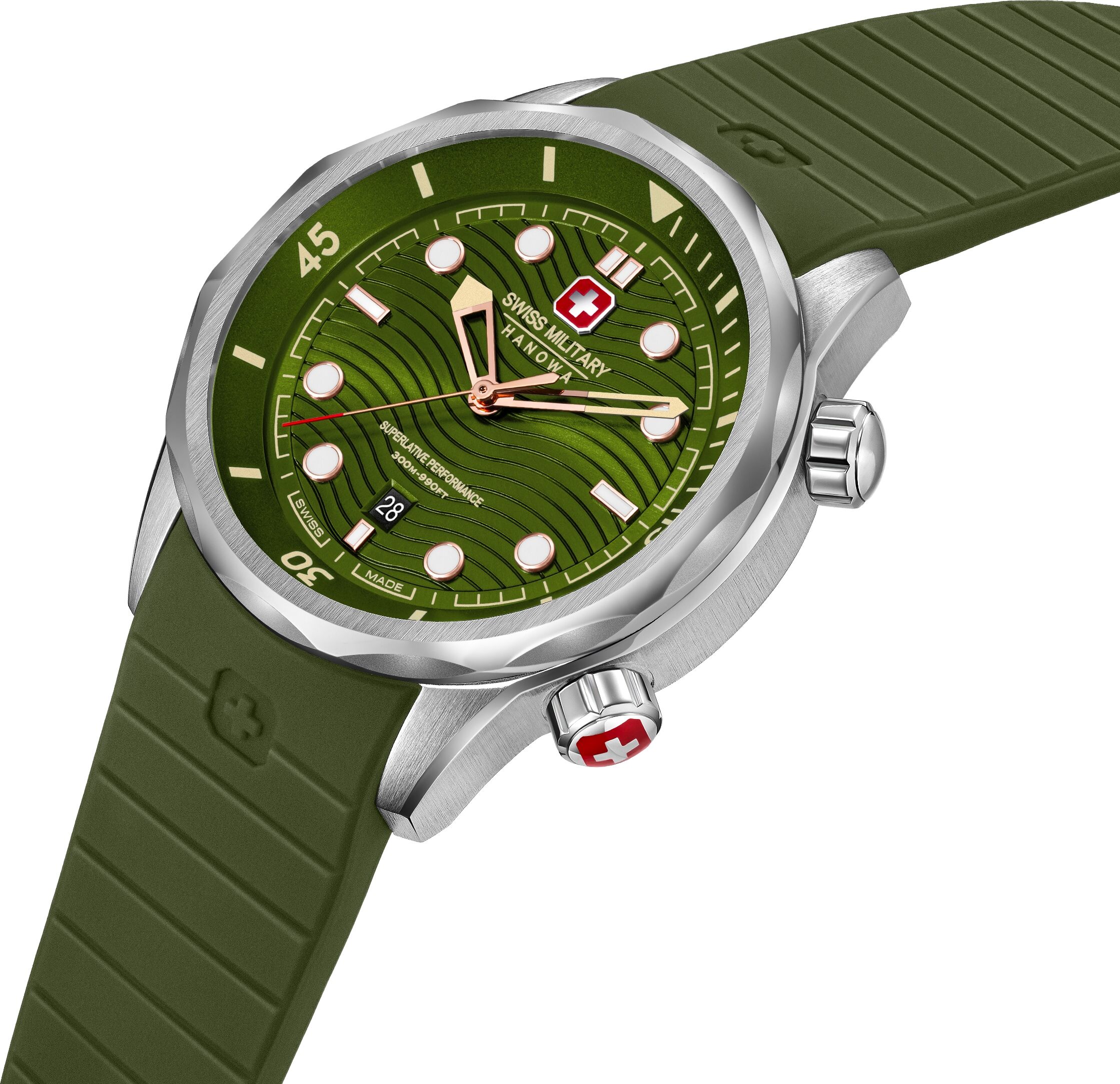 Quarzuhr "Breakwater", grün (grün, grün), SWISS MILITARY HANOWA, Armbanduhren, Herren, silberfarben, Quarzuhr, Armbanduhr, Herrenuhr, Swiss Made, Silikonarmband, analog, Tag