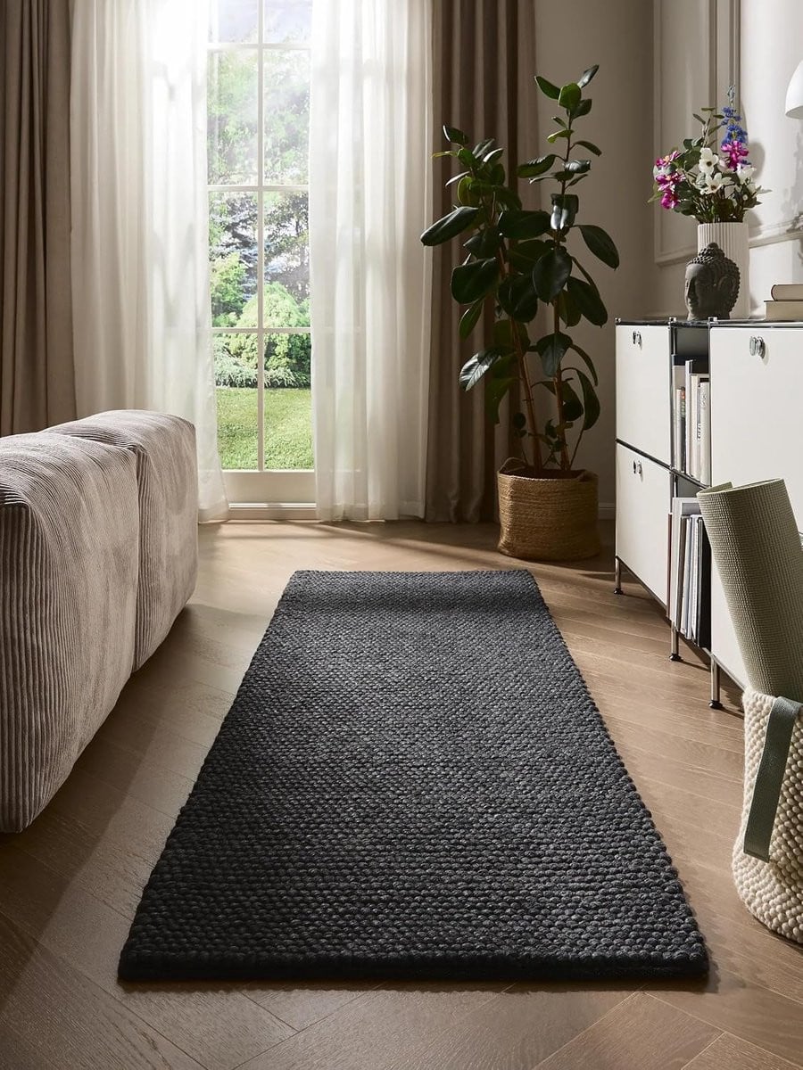 Benuta Pure Wollen Tapijt Beads - Wol - Antraciet - 80 x 250 cm