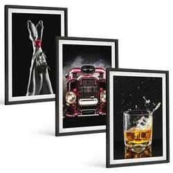 BILDER SET 3er Set - 40x60 cm Schwarzer Rahmen - Frauenbeine Rosenauto Whisky