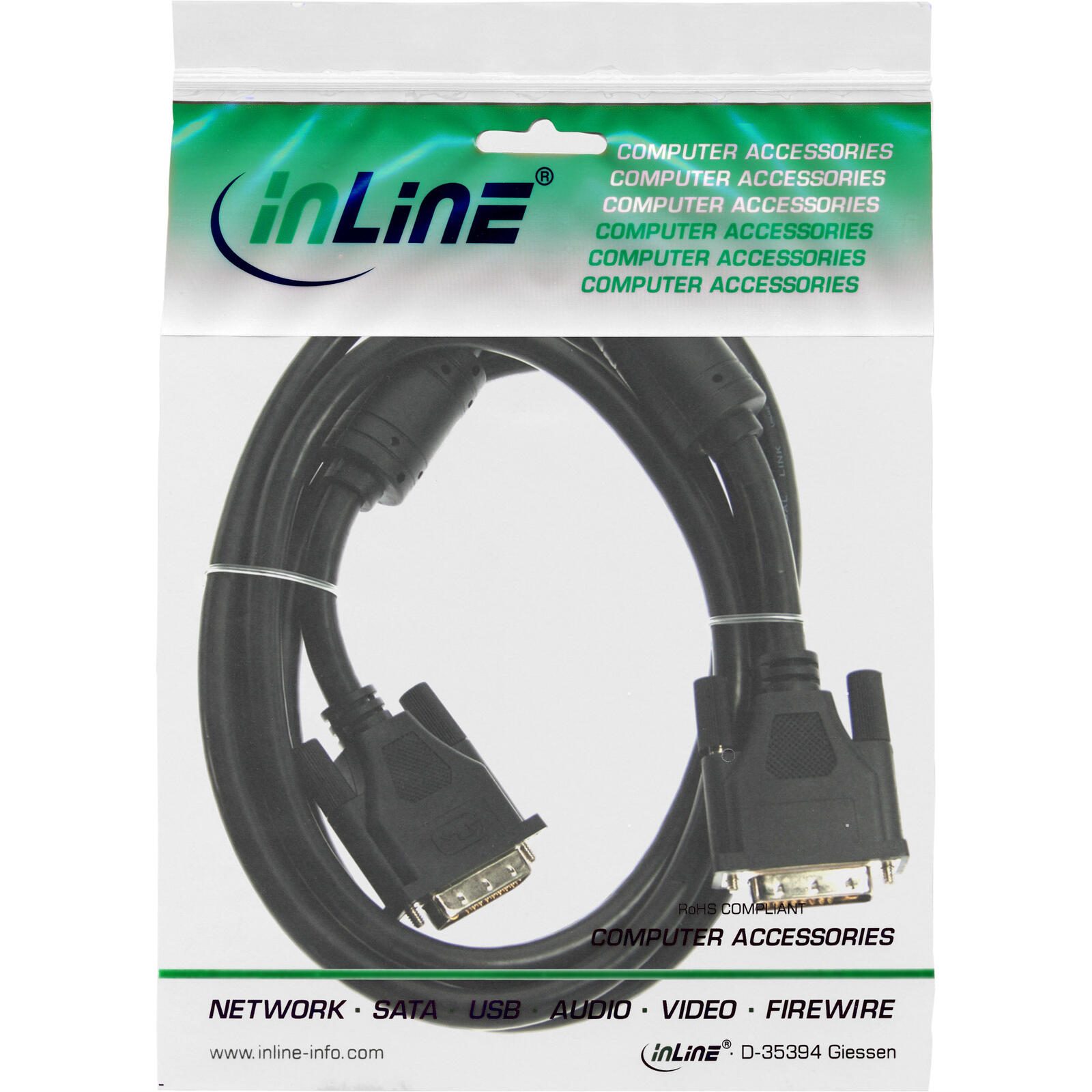 InLine® InLine DVI-D Kabel 2m, digital 18+1 Stecker / Stecker, Single Link, 2 Ferrite, schwarz 17762
